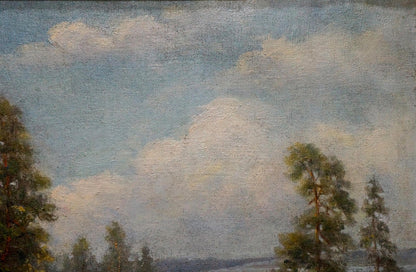 Oil painting Forest edge Tolkachevsky I: serene sky over pine trees
