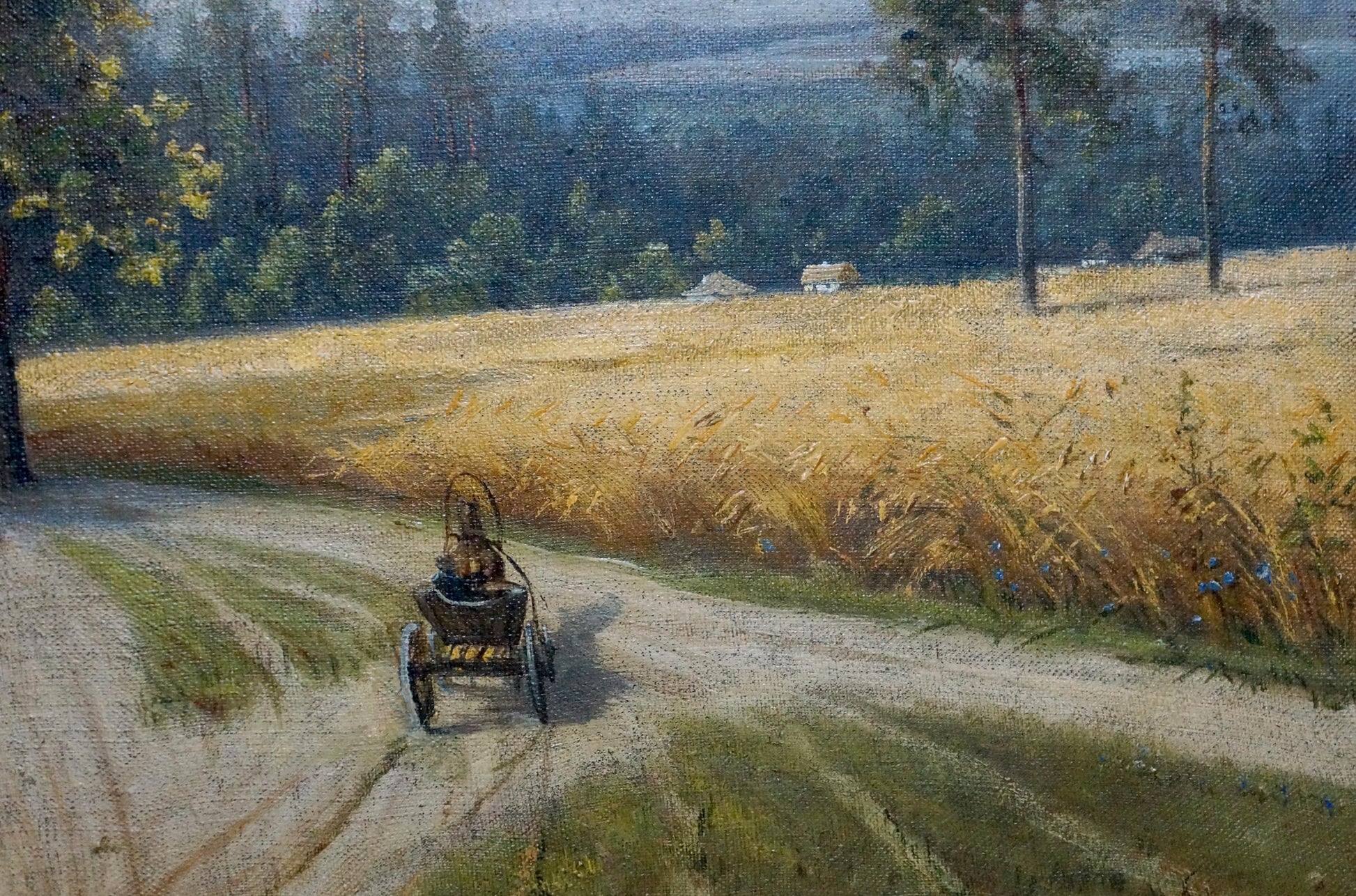 Oil painting Forest edge Tolkachevsky I: rustic cart in golden wheat field