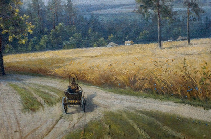 Oil painting Forest edge Tolkachevsky I: rustic cart in golden wheat field