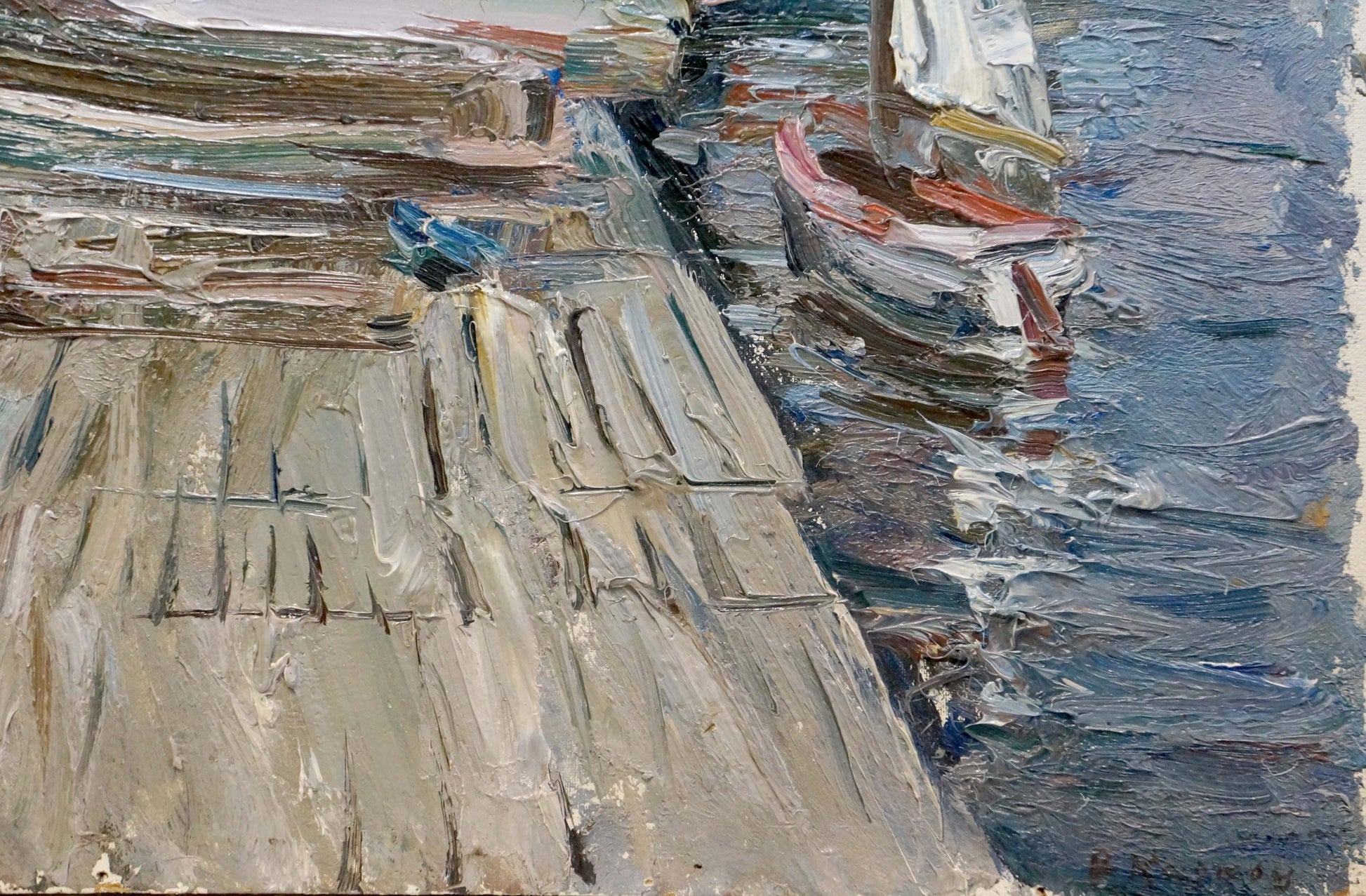 Oil painting of small red and white sailboat by Vadim Petrovich Karpov, Yacht club