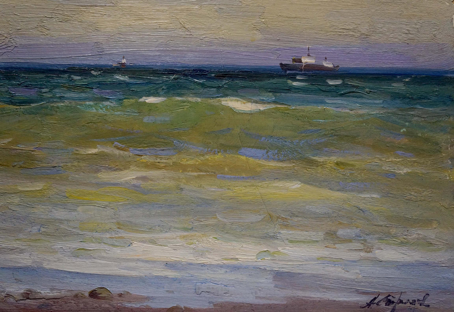 Oil painting Volga by Strelov Arkady Efimovich textured turbulent sea ships