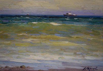Oil painting Volga by Strelov Arkady Efimovich textured turbulent sea ships