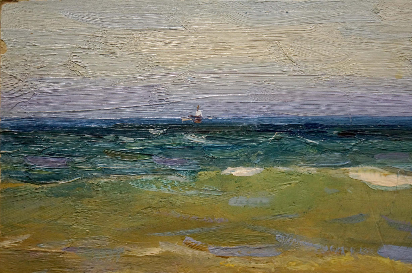 Textured oil painting of Volga by Strelov Arkady Efimovich, lone sailboat on turbulent seas
