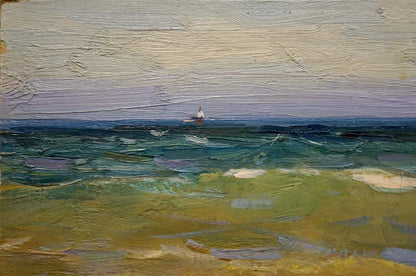 Textured oil painting of Volga by Strelov Arkady Efimovich, lone sailboat on turbulent seas