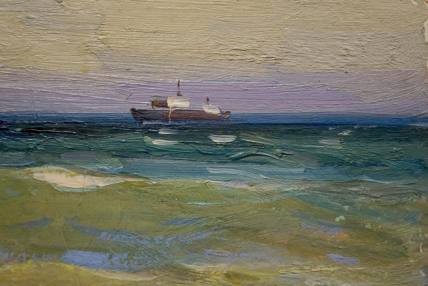 Oil painting Volga by Strelov Arkady Efimovich: boat on teal water