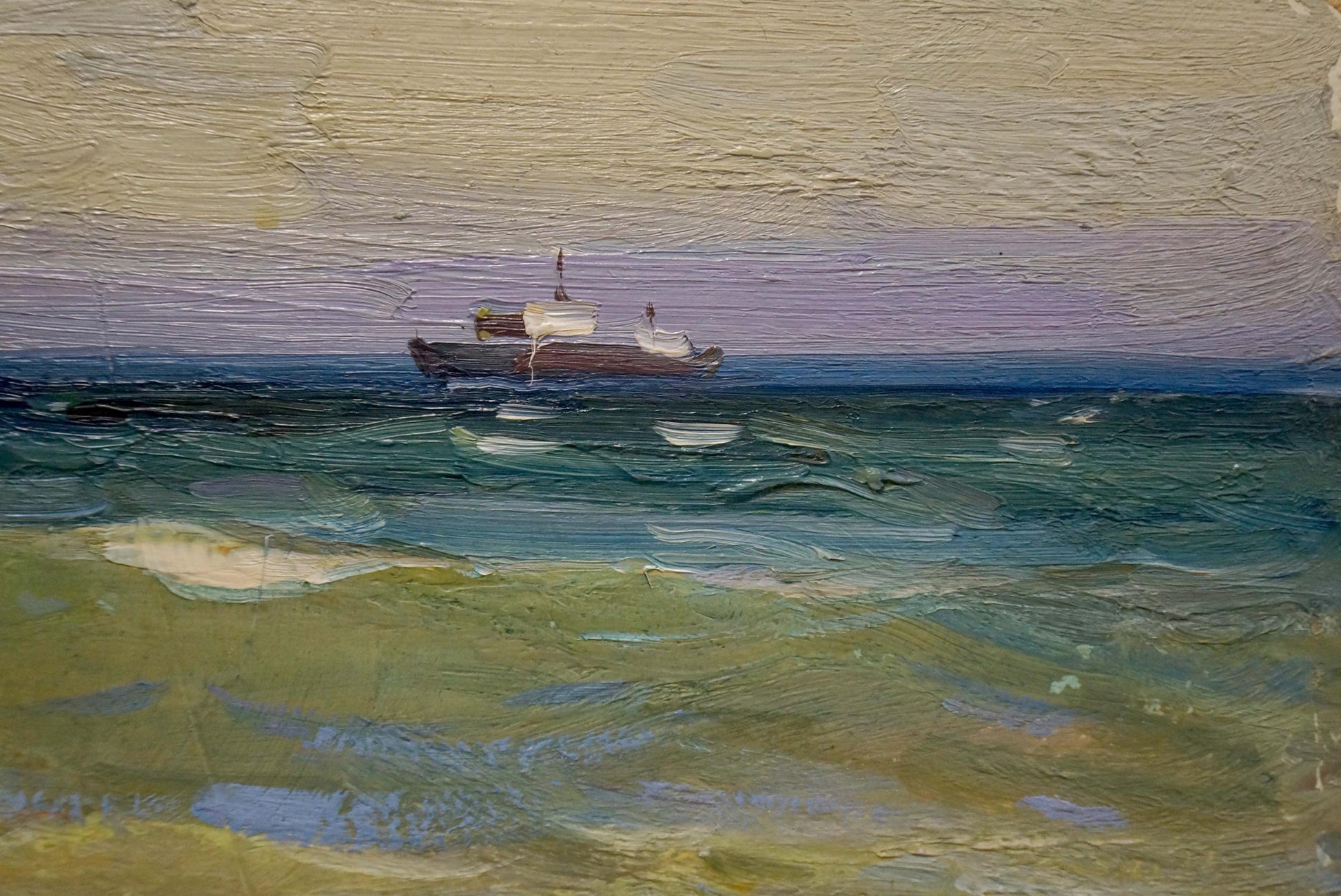 Oil painting Volga by Strelov Arkady Efimovich: boat on teal water