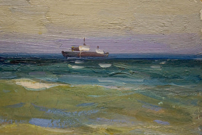 Oil painting Volga by Strelov Arkady Efimovich: boat on teal water