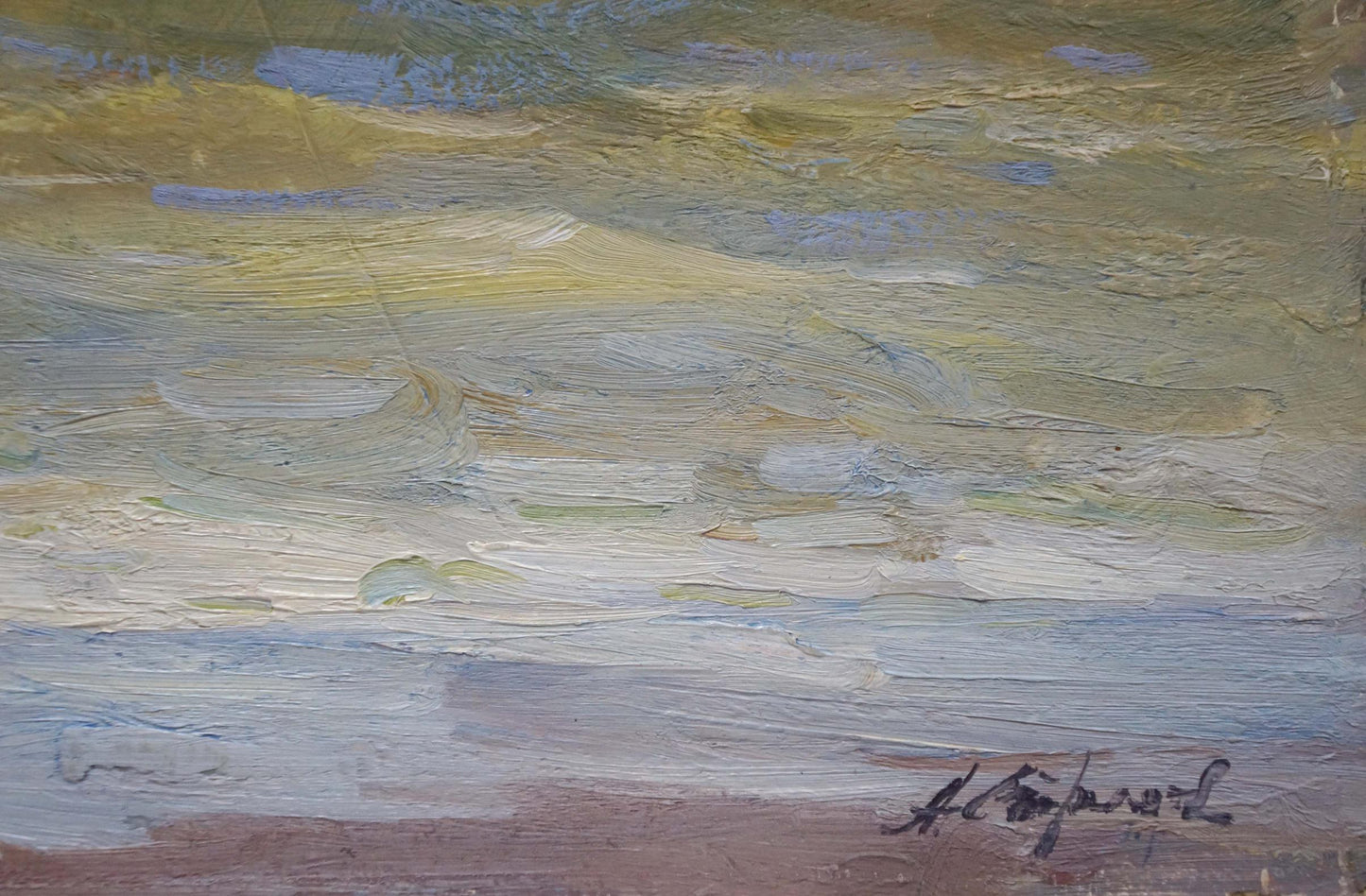 Oil painting Volga by Strelov Arkady Efimovich, serene coastal scene