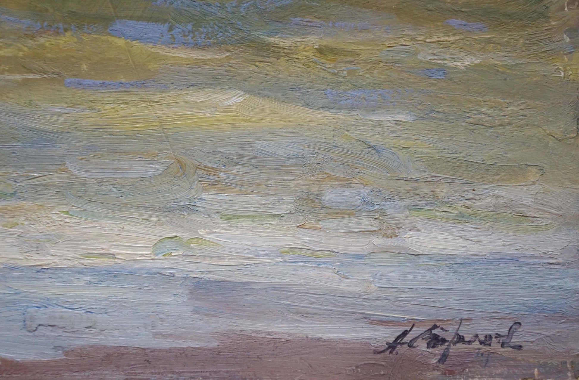Oil painting Volga by Strelov Arkady Efimovich, serene coastal scene