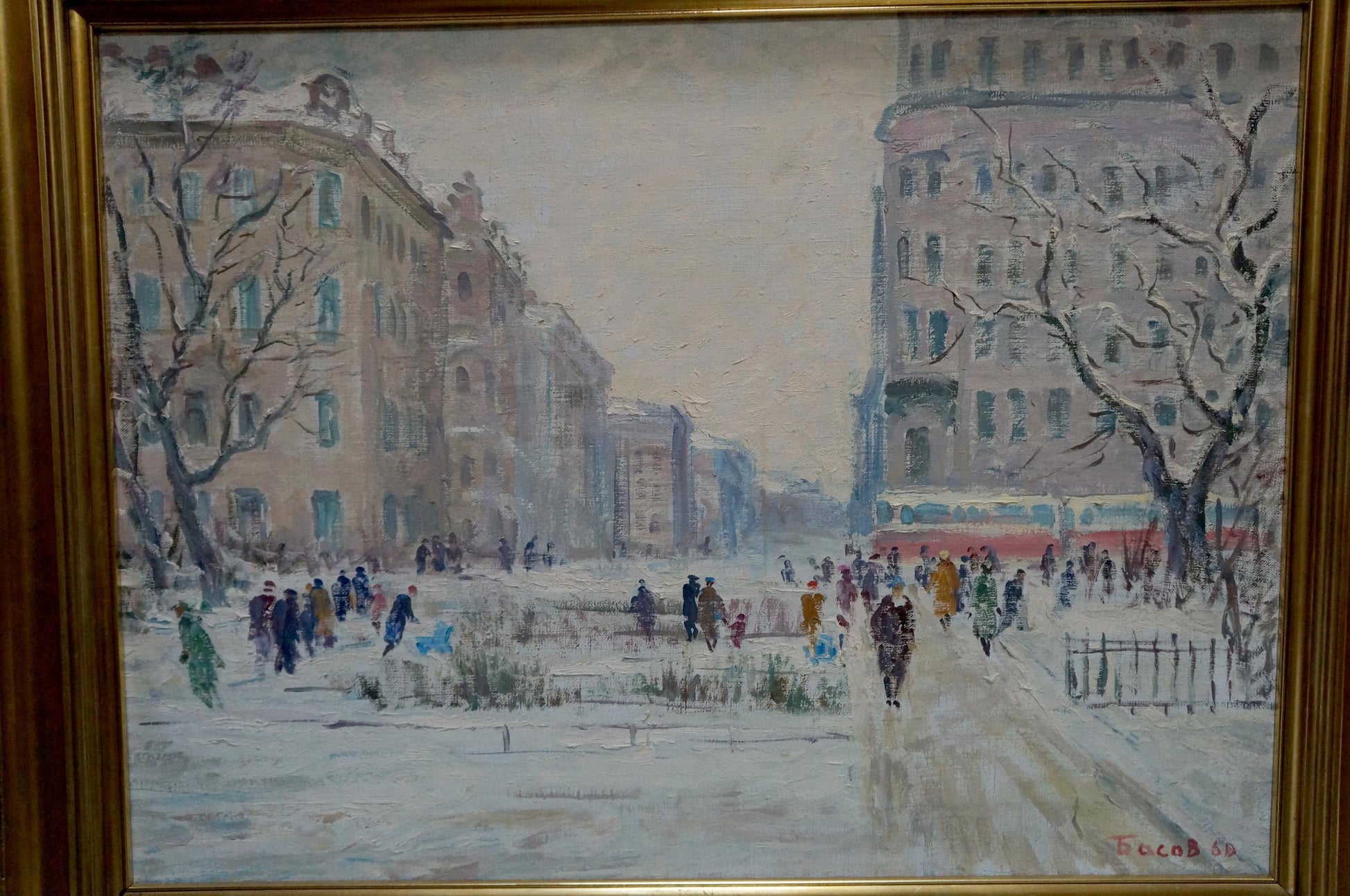 Framed Oil painting City center by Yakov Basov snowy urban street scene