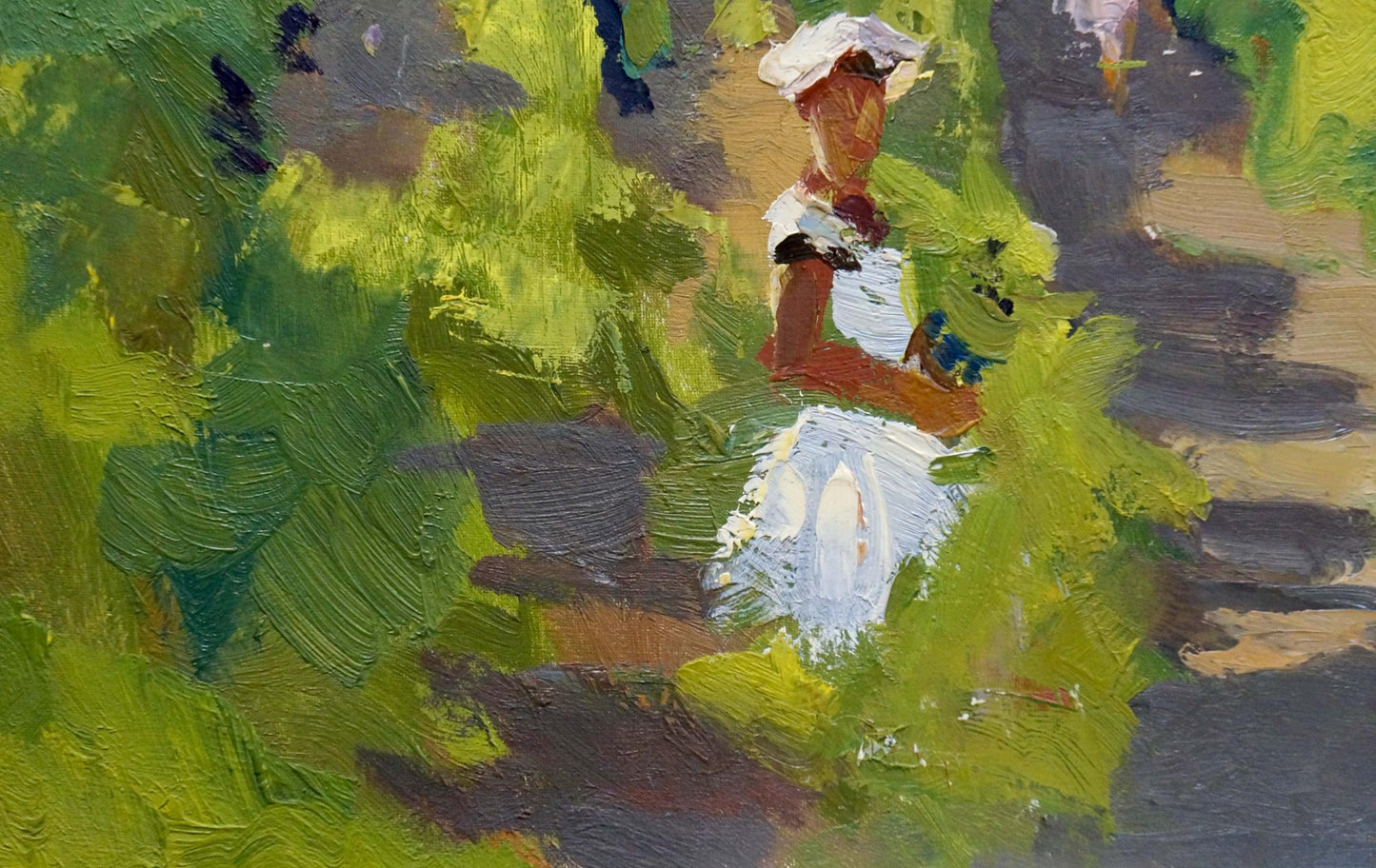 Oil painting by Stremsky Alexander Ivanovich: woman in white dress amid green foliage
