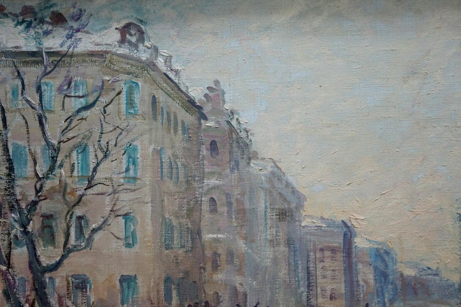 Oil painting City Center by Yakov Alexandrovich Basov, beige building with teal shutters