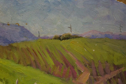 Textured oil painting of rolling green vineyards hills by Stremsky Alexander Ivanovich