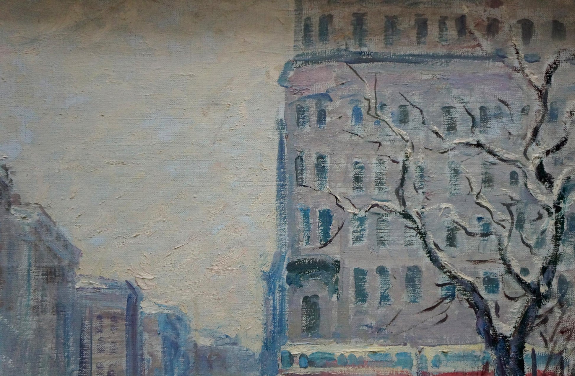 Impressionistic oil painting of muted blue gray city center building by Yakov Basov