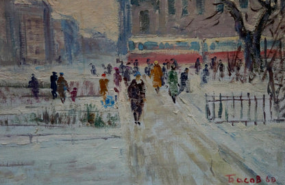 Impressionist oil painting of snowy city center by Yakov Basov with red bus