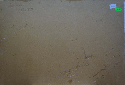 The back of a beige, textured canvas painting with handwritten dimensions and small adhesive labels in the corners.