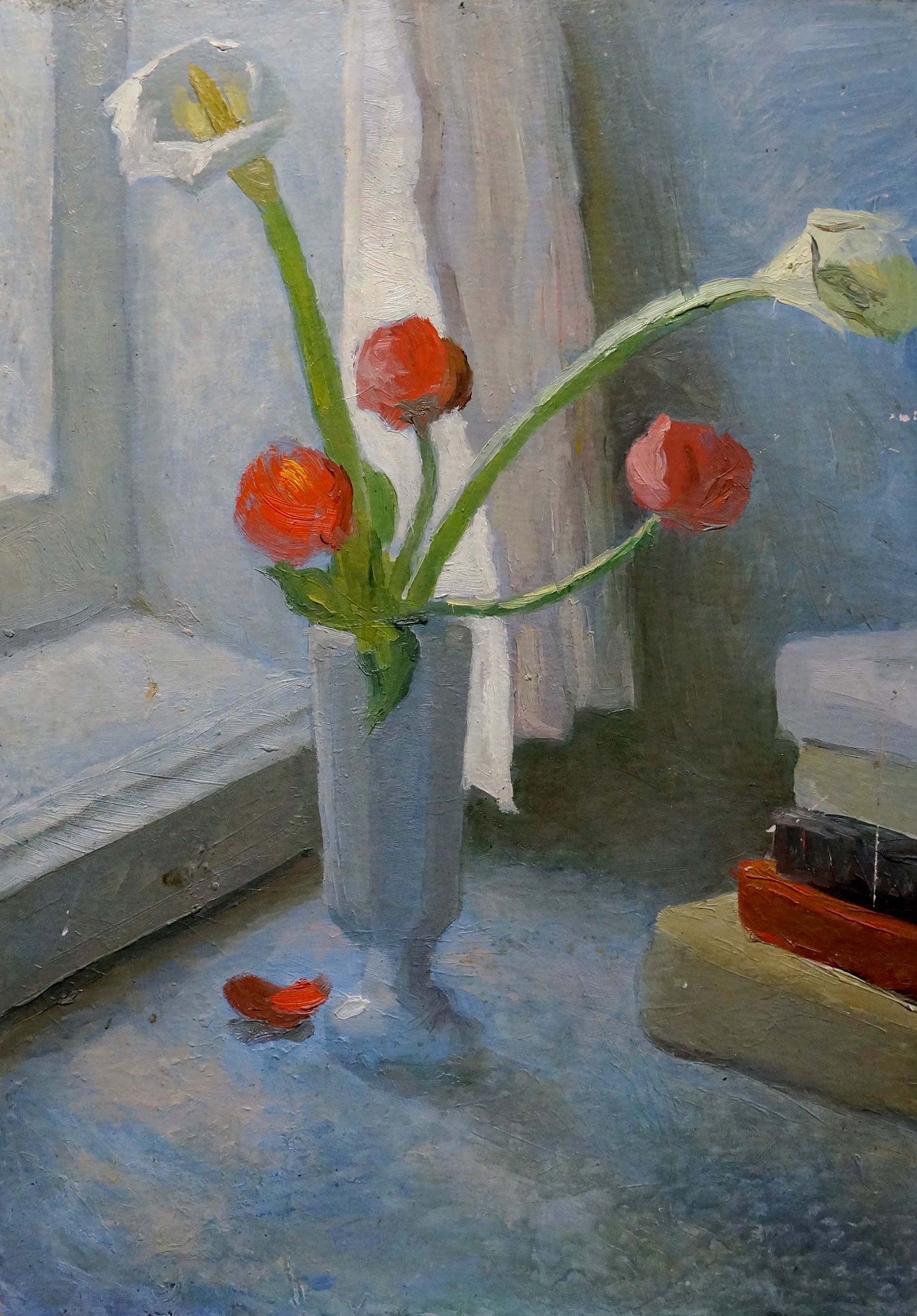 Oil painting Flowers Les: gray vase with red white calla lilies