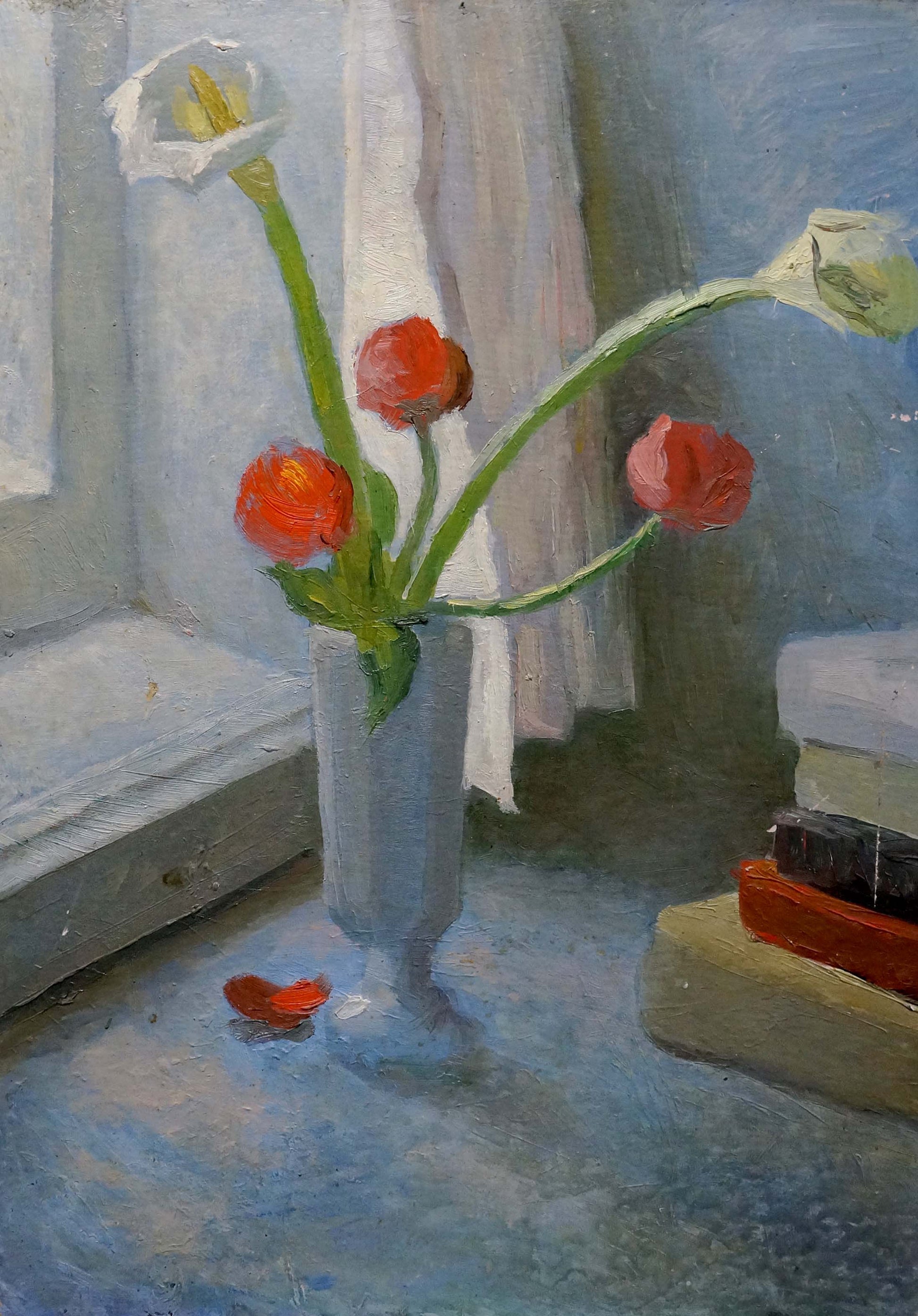 Oil painting Flowers Les: gray vase with red white calla lilies