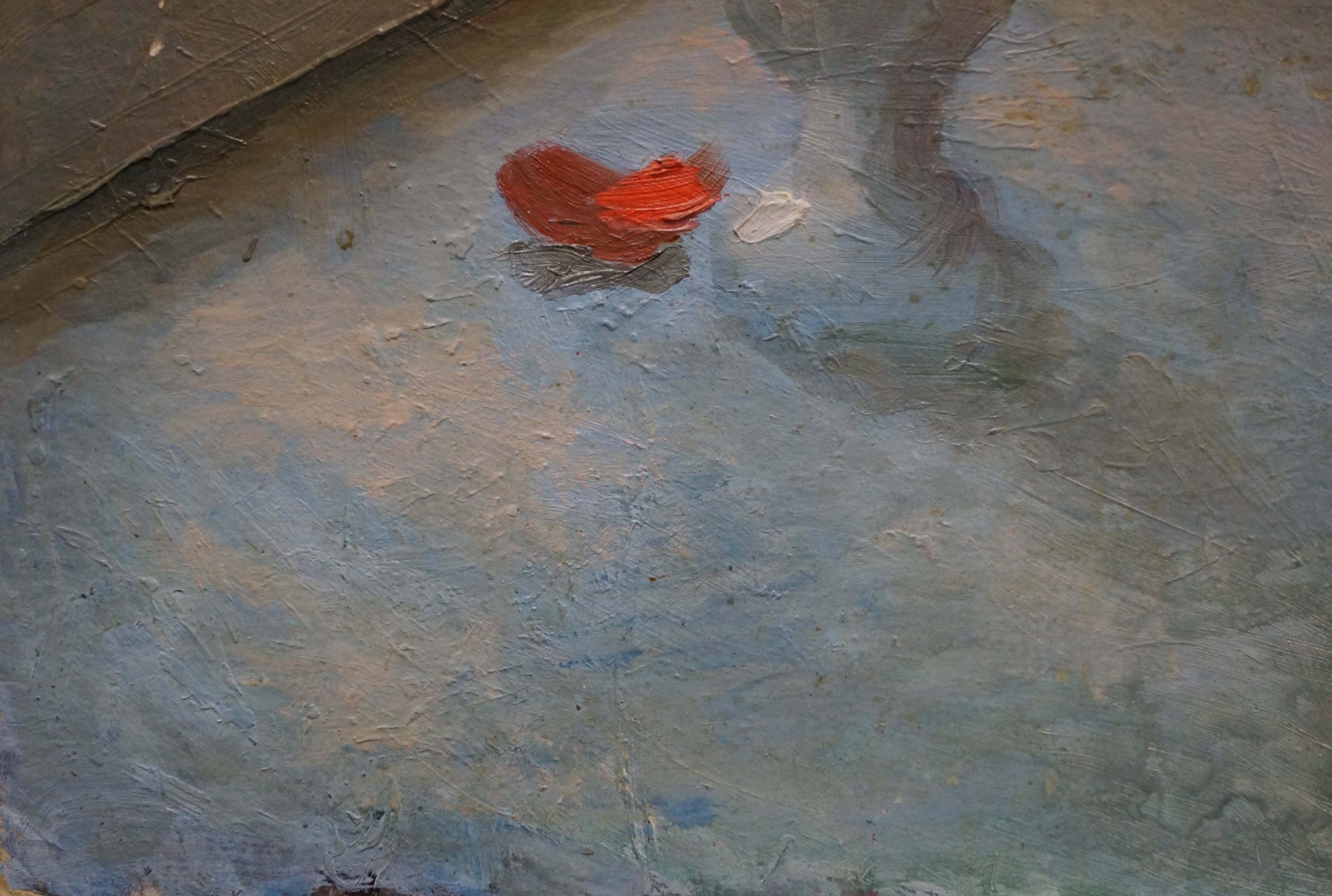 Vibrant red heart paint swatch on blue-gray canvas in Oil painting Flowers Les
