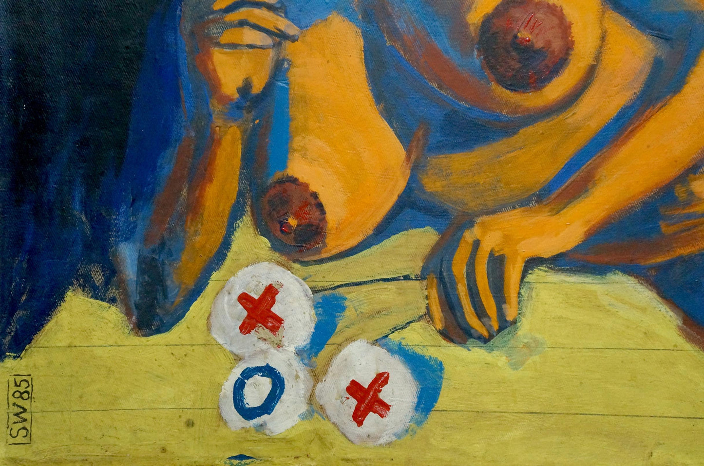 Oil painting portrait of female figure with yellow-blue figure and tic-tac-toe pieces