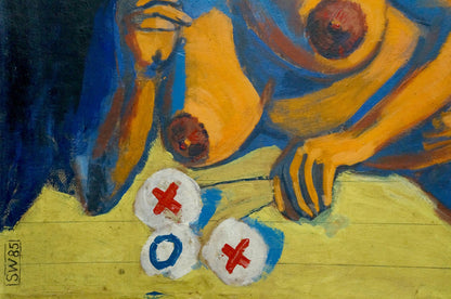Oil painting portrait of female figure with yellow-blue figure and tic-tac-toe pieces