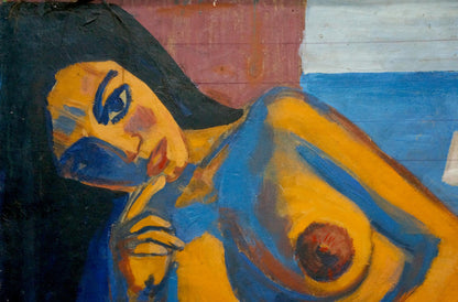 Vibrant oil painting portrait of undraped reclining girl in yellow blue tones