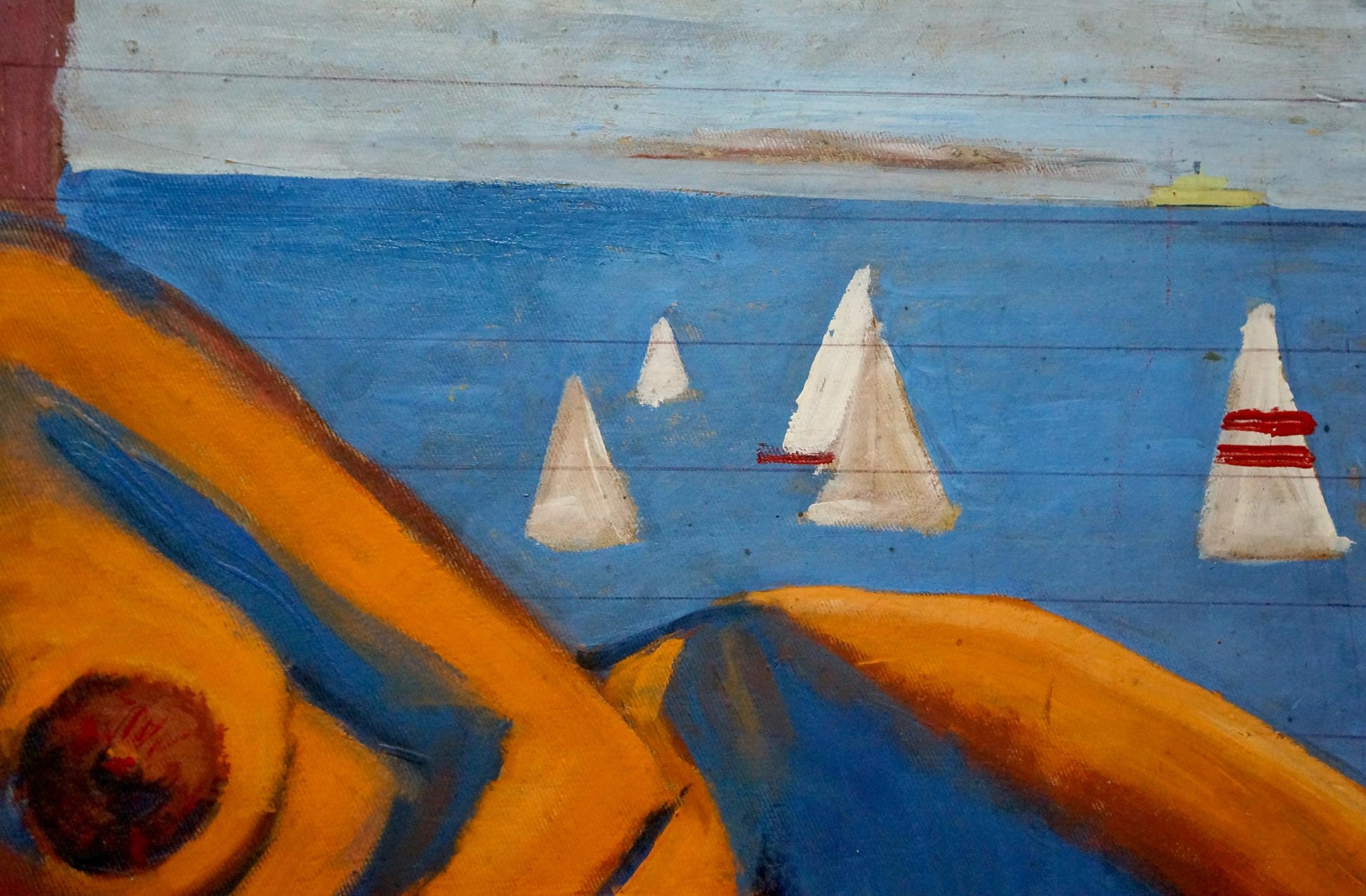 Oil painting portrait of female figure with sailboats on blue sea mural