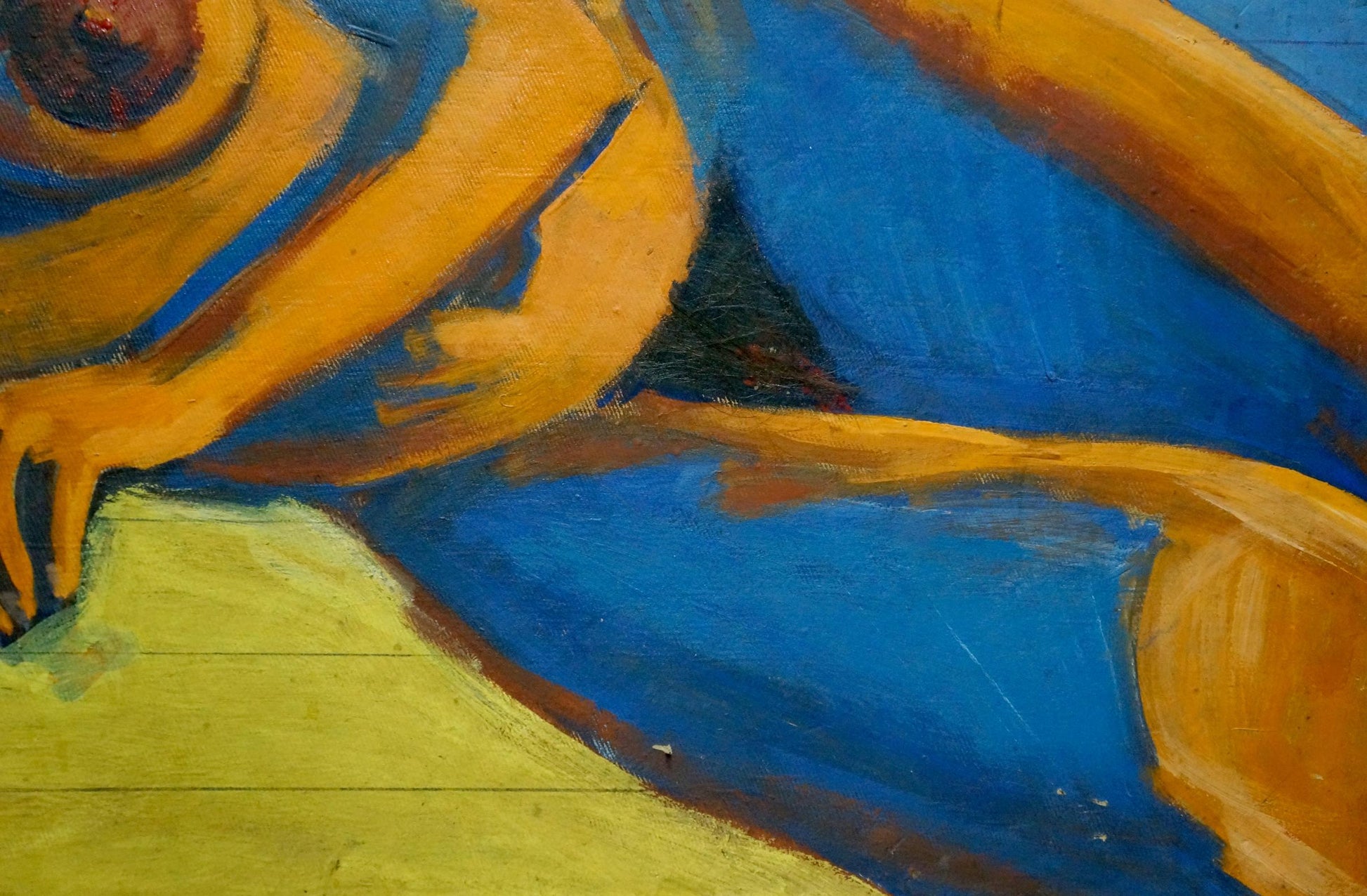 Abstract oil portrait of female figure in yellow blue brushstrokes