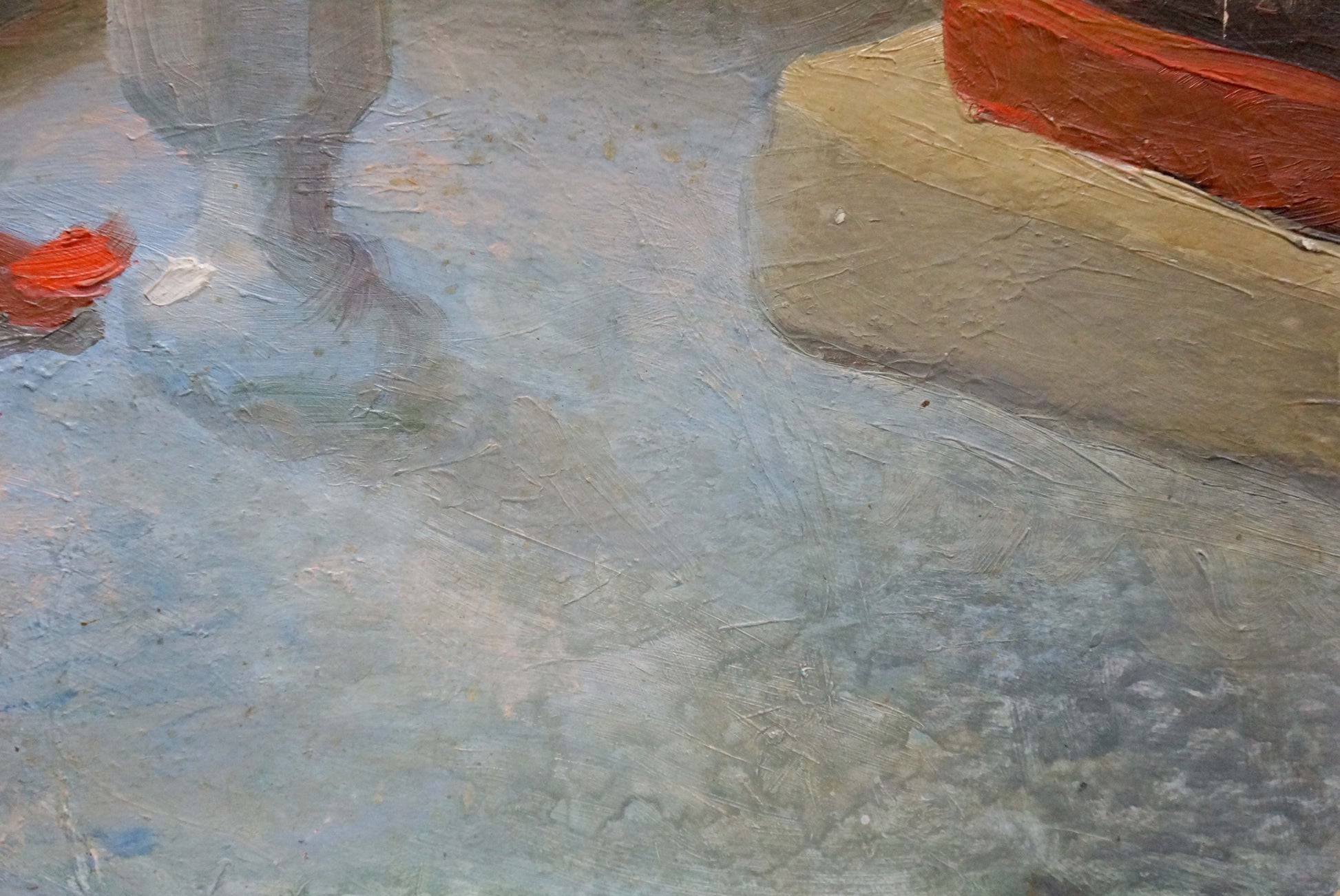 Impressionistic oil painting of wet pavement, blurred reflections, orange object, Flowers Les