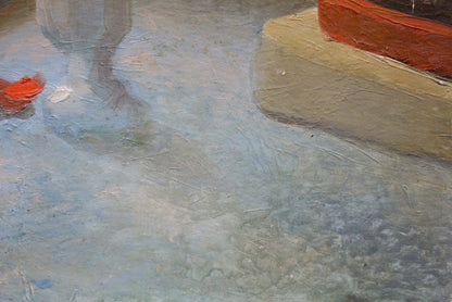 Impressionistic oil painting of wet pavement, blurred reflections, orange object, Flowers Les