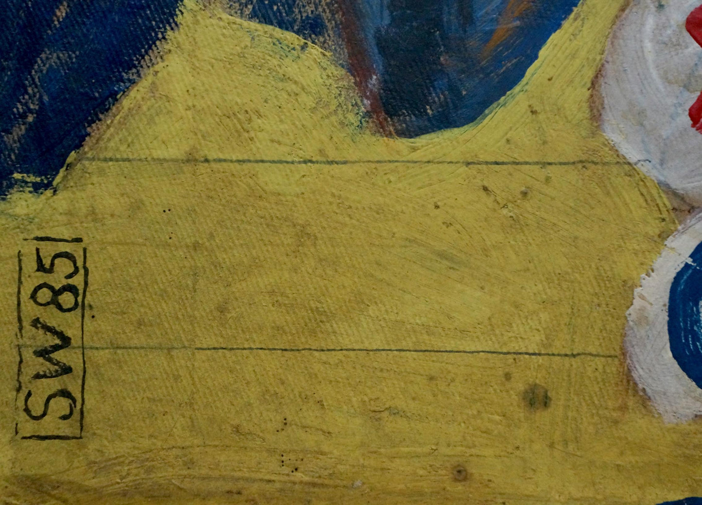 Back of oil painting portrait of female figure: textured yellow surface with sw851 stamp