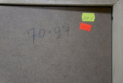 Back of oil painting portrait of female figure on gray particle board with handwritten dimensions and price tags