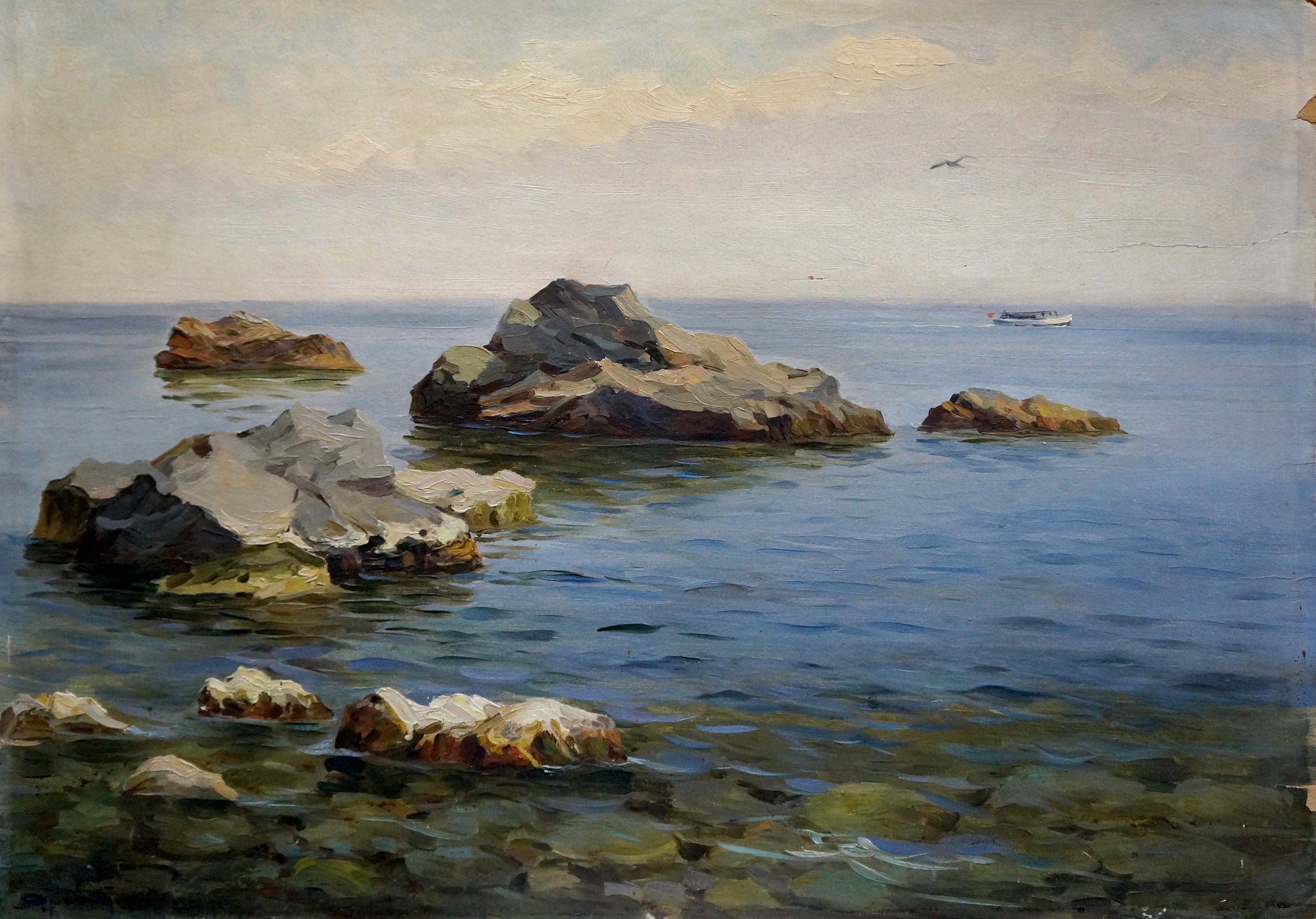 Serene coastal oil painting by Stepan Yarovoy with yacht at sea