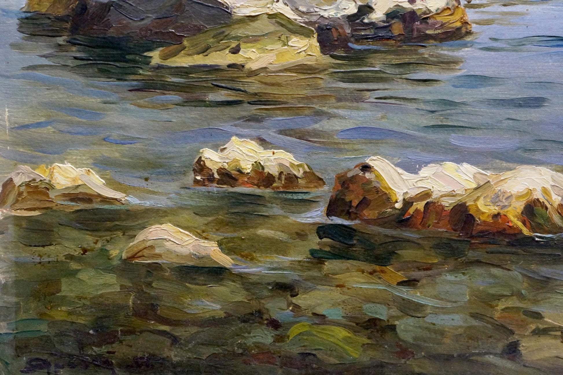 Textured oil painting of sunlit rocks in rippling water with distant yacht by Stepan Yarovoy