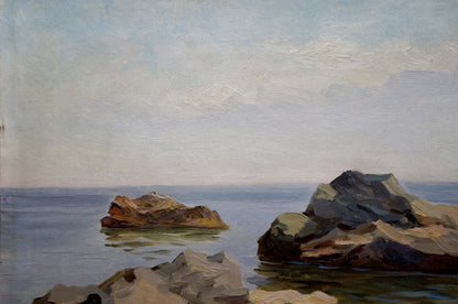 Oil painting of rugged rocks in calm sea with distant yacht by Stepan Yarovoy