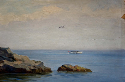Serene oil painting by Stepan Yarovoy: yacht on calm sea with rocks