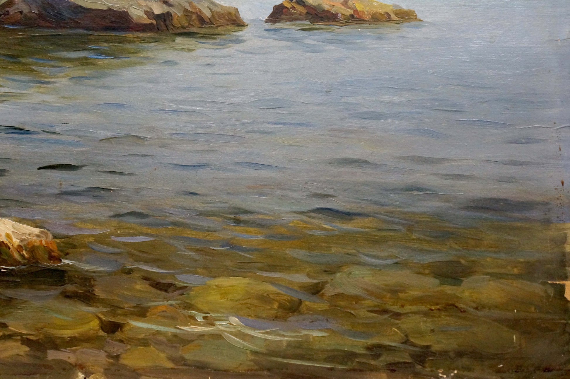 Serene oil painting by Stepan Yarovoy of calm sea with yacht, rocks, reflections