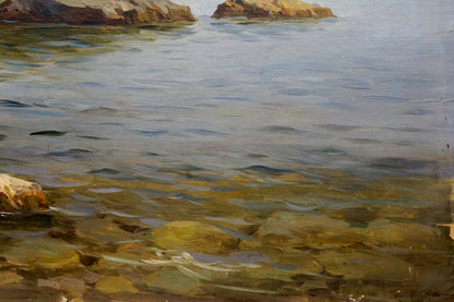 Serene oil painting by Stepan Yarovoy of calm sea with yacht, rocks, reflections
