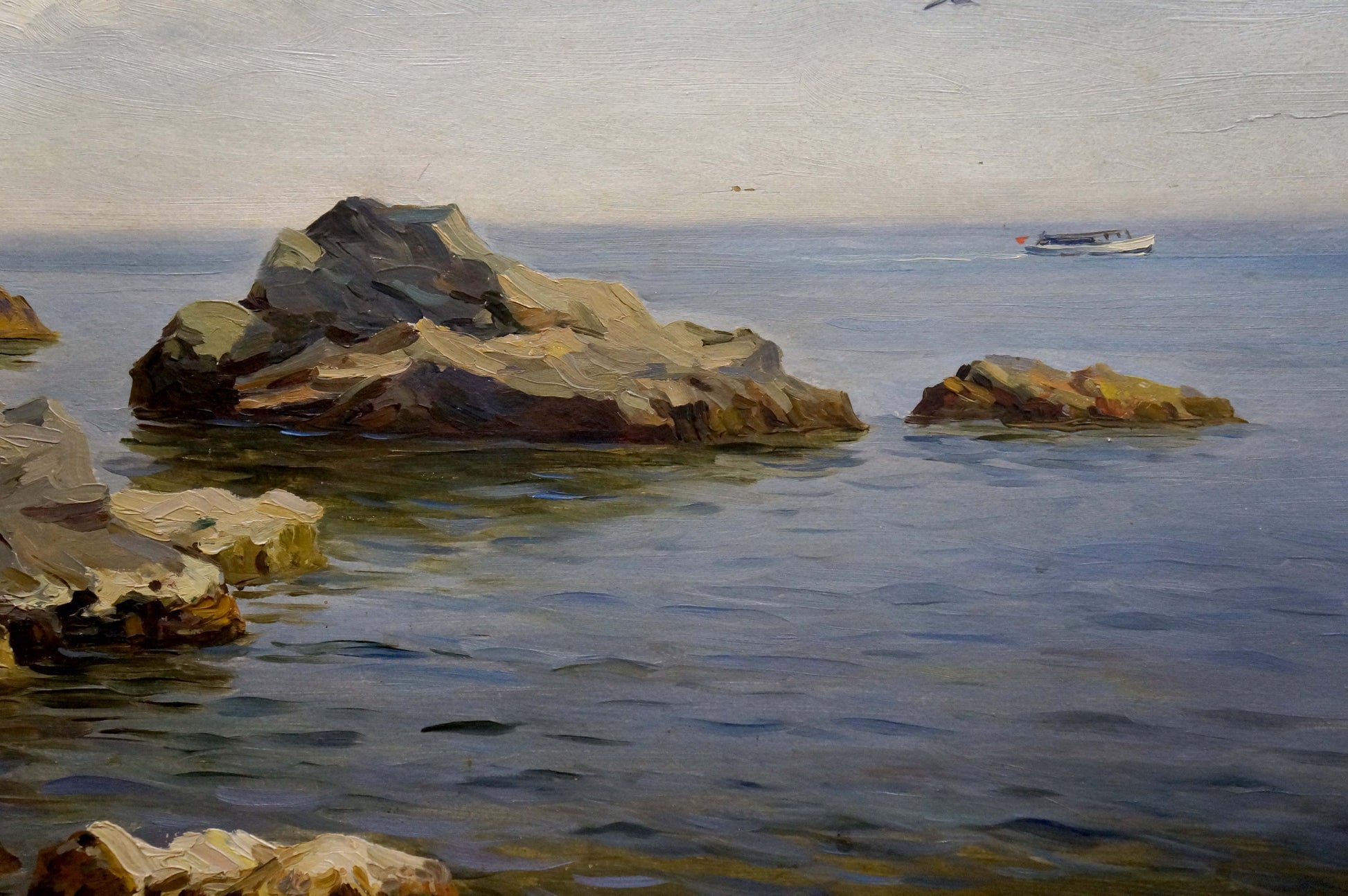 Serene oil painting by Stepan Yarovoy: yacht at sea horizon on sunlit rocks