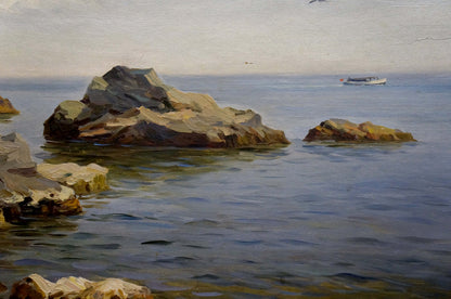 Serene oil painting by Stepan Yarovoy: yacht at sea horizon on sunlit rocks