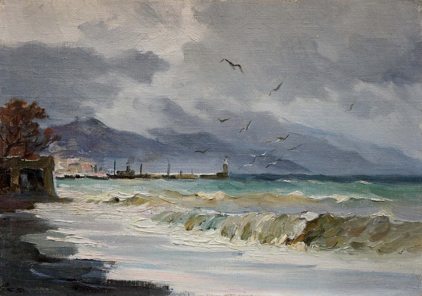 Textured oil painting Storm Yarovoy by Stepan Kalinovich: moody coastal waves, mountains, gulls