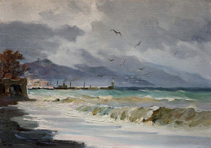 Textured oil painting Storm Yarovoy by Stepan Kalinovich: moody coastal waves, mountains, gulls