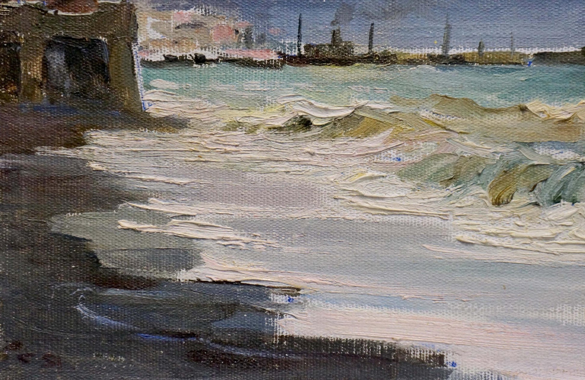 Oil painting Storm Yarovoy by Stepan Kalinovich: turbulent teal waves on dark shore