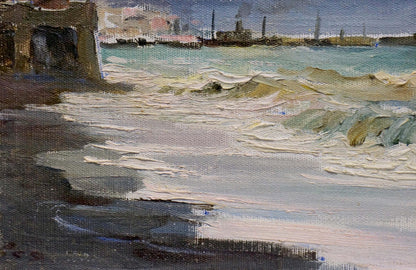 Oil painting Storm Yarovoy by Stepan Kalinovich: turbulent teal waves on dark shore