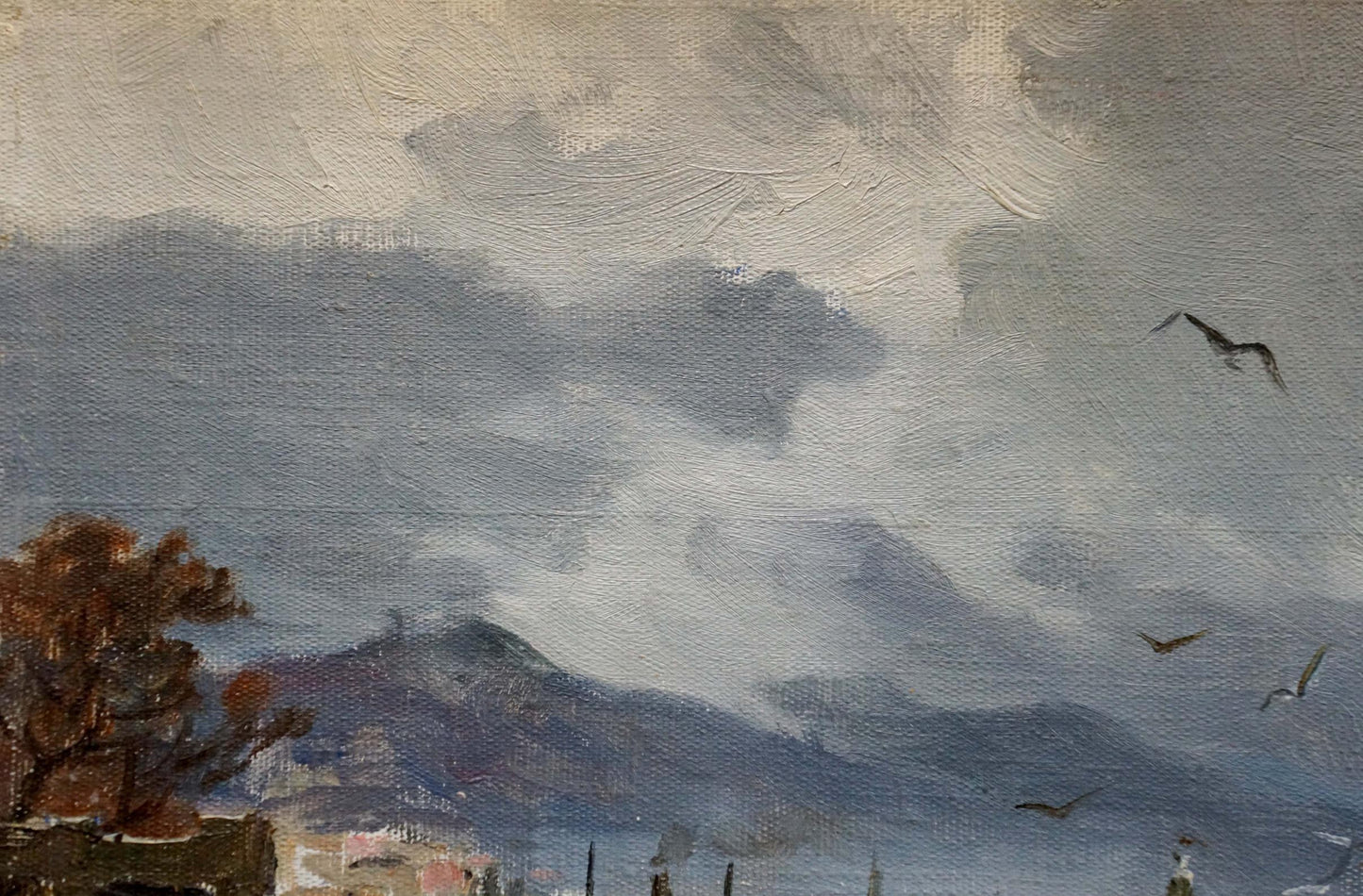 Oil painting Storm Yarovoy by Stepan Kalinovich moody sky with birds