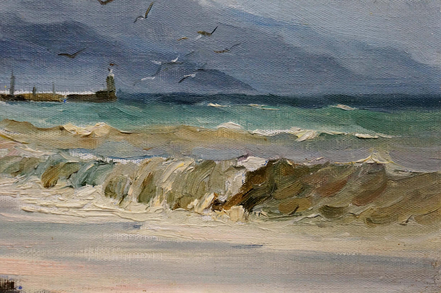 Oil painting Storm Yarovoy by Stepan Kalinovich: turbulent teal waves crashing on shore