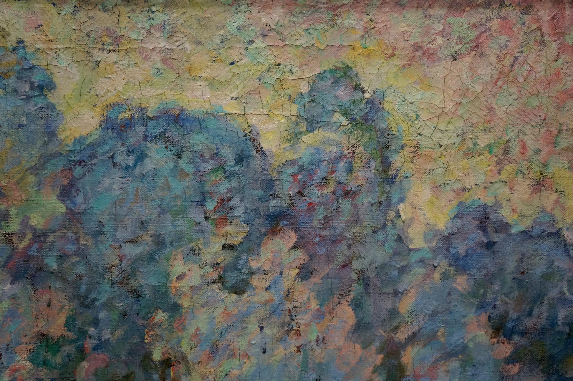 Oil painting Winter morning by Khvedchuk Leonid Vladimirovich, abstract textured blues greens yellows pinks