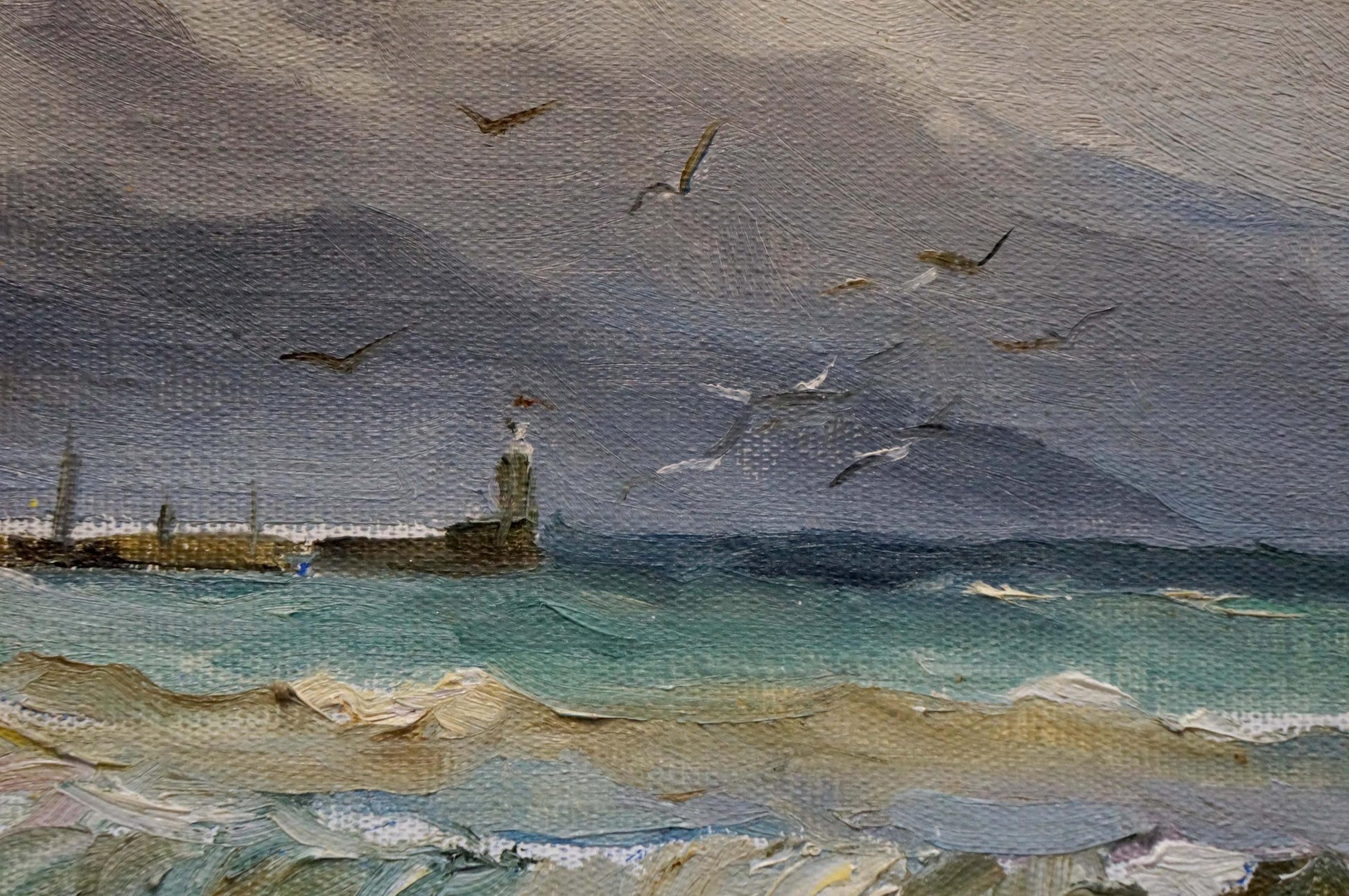 Oil painting Storm by Yarovoy Stepan Kalinovich: seagulls over turbulent teal waters