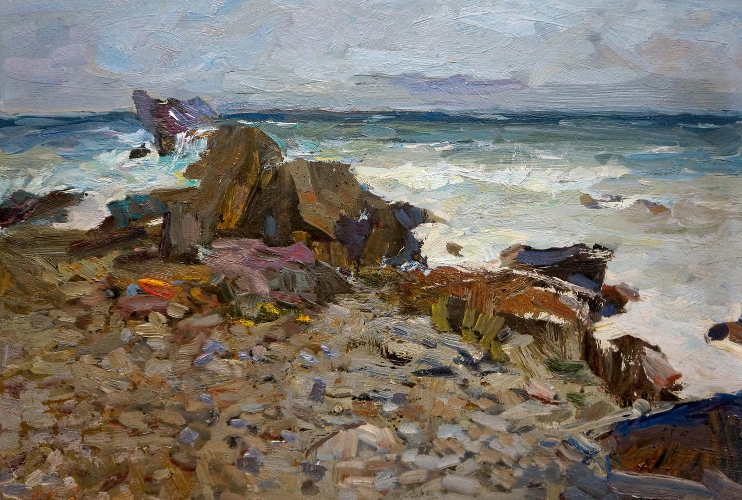 Textured impressionistic oil painting by Fedor Zakharov: rugged shore with crashing waves