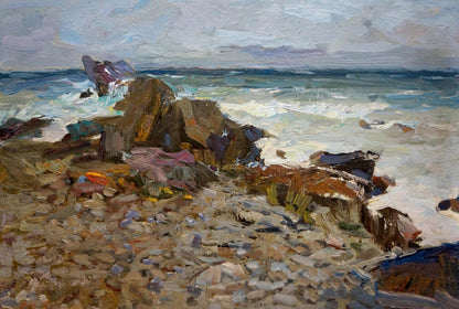Textured impressionistic oil painting by Fedor Zakharov: rugged shore with crashing waves
